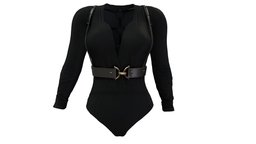 Female Black Bodysuit With Leather Harness